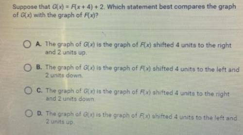 Suppose that G(x) = F(x + 4) +2. Which statement best compares the graphof G(x) with the graph of F(