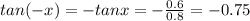 tan(-x)=-tanx=-\frac{0.6}{0.8} =-0.75