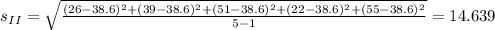 s_{II} = \sqrt{\frac{(26-38.6)^2 +(39-38.6)^2 +(51-38.6)^2 +(22-38.6)^2 +(55-38.6)^2}{5-1}}=14.639