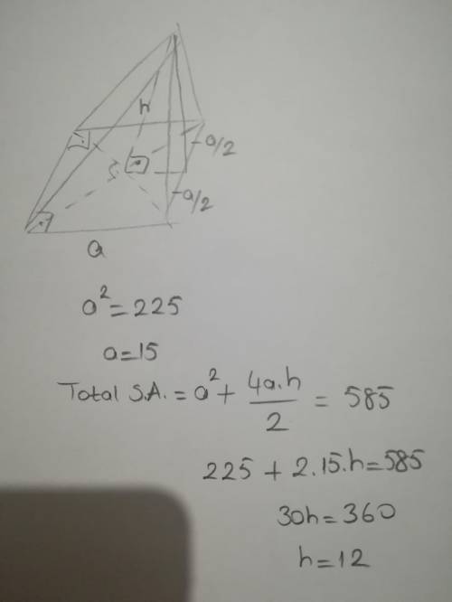 Calculate the slant height of the following square based pyramid, given the information below.Total