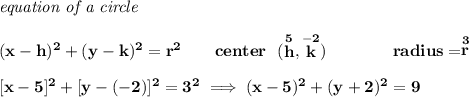 \bf \textit{equation of a circle}\\\\ (x- h)^2+(y- k)^2= r^2 \qquad center~~(\stackrel{5}{ h},\stackrel{-2}{ k})\qquad \qquad radius=\stackrel{3}{ r}\\[1em] [x-5]^2+[y-(-2)]^2=3^2\implies (x-5)^2+(y+2)^2=9