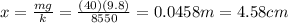 x=\frac{mg}{k}=\frac{(40)(9.8)}{8550}=0.0458 m = 4.58 cm