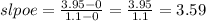 slpoe=\frac{3.95-0}{1.1-0}=\frac{3.95}{1.1}=  3.59