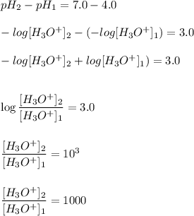 pH_2-pH_1=7.0-4.0\\\\-log[H_3O^+]_2-(-log[H_3O^+]_1})=3.0\\\\-log[H_3O^+]_2+log[H_3O^+]_1})=3.0\\\\\\\log\dfrac{[H_3O^+]_2}{[H_3O^+]_1}=3.0\\ \\ \\ \dfrac{[H_3O^+]_2}{[H_3O^+]_1}=10^3\\ \\\\  \dfrac{[H_3O^+]_2}{[H_3O^+]_1}=1000