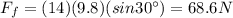 F_f=(14)(9.8)(sin 30^{\circ})=68.6 N