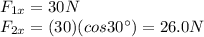 F_{1x}=30N\\F_{2x}=(30)(cos 30^{\circ})=26.0 N