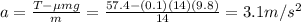a=\frac{T-\mu mg}{m}=\frac{57.4-(0.1)(14)(9.8)}{14}=3.1 m/s^2