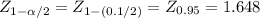 Z_{1-\alpha /2} = Z_{1-(0.1/2)}= Z_{0.95}= 1.648