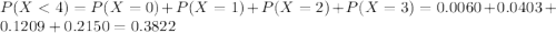 P(X < 4) = P(X = 0) + P(X = 1) + P(X = 2) + P(X = 3) = 0.0060 + 0.0403 + 0.1209 + 0.2150 = 0.3822