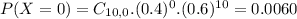 P(X = 0) = C_{10,0}.(0.4)^{0}.(0.6)^{10} = 0.0060