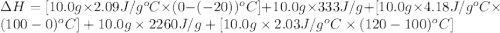 \Delta H=[10.0g\times 2.09J/g^oC\times (0-(-20))^oC]+10.0g\times 333J/g+[10.0g\times 4.18J/g^oC\times (100-0)^oC]+10.0g\times 2260J/g+[10.0g\times 2.03J/g^oC\times (120-100)^oC]