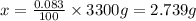 x=\frac{0.083}{100}\times 3300 g=2.739 g