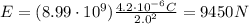 E=(8.99\cdot 10^{9})\frac{4.2\cdot 10^{-6}C}{2.0^2}=9450 N
