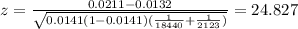 z=\frac{0.0211-0.0132}{\sqrt{0.0141(1-0.0141)(\frac{1}{18440}+\frac{1}{2123})}}=24.827