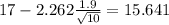 17-2.262\frac{1.9}{\sqrt{10}}=15.641