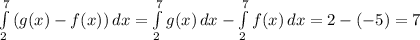 \int\limits^7_2 {(g(x)-f(x))} \, dx =\int\limits^7_2 {g(x)} \, dx -\int\limits^7_2 {f(x)} \, dx =2-(-5)=7