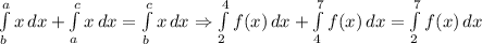 \int\limits^a_b {x} \, dx +\int\limits^c_a {x} \, dx =\int\limits^c_b {x} \, dx \Rightarrow \int\limits^4_2 {f(x)} \, dx +\int\limits^7_4 {f(x)} \, dx =\int\limits^7_2 {f(x)} \, dx
