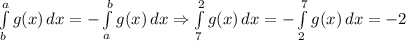 \int\limits^a_b {g(x)} \, dx =-\int\limits^b_a {g(x)} \, dx\Rightarrow \int\limits^2_7 {g(x)} \, dx=-\int\limits^7_2 {g(x)} \, dx=-2