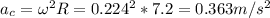 a_c = \omega^2 R = 0.224^2*7.2 = 0.363 m/s^2