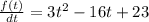 \frac{f(t)}{dt}  = 3t^2-16t+23