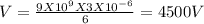 V =\frac{9X10^9 X3X10^{-6}}{6} =4500 V