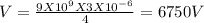 V =\frac{9X10^9 X3X10^{-6}}{4} =6750 V