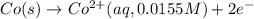 Co(s)\rightarrow Co^{2+}(aq,0.0155M)+2e^-