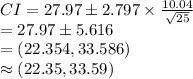 CI=27.97\pm 2.797\times\frac{10.04}{\sqrt{25}}\\=27.97\pm5.616\\=(22.354, 33.586)\\\approx(22.35, 33.59)