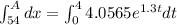 \int_{54}^{A}dx=\int_{0}^{4}4.0565e^{1.3t}dt