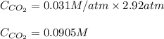 C_{CO_2}=0.031M/atm\times 2.92 atm\\\\C_{CO_2}=0.0905M