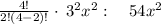 \frac{4!}{2!\left(4-2\right)!}\cdot \:3^2x^2:\quad 54x^2