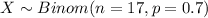 X \sim Binom(n=17, p=0.7)