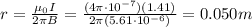 r=\frac{\mu_0 I}{2\pi B}=\frac{(4\pi \cdot 10^{-7})(1.41)}{2\pi (5.61\cdot 10^{-6})}=0.050 m
