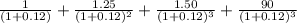 \frac{1}{(1+0.12)} +\frac{1.25}{(1+0.12)^2} +\frac{1.50}{(1+0.12)^3} +\frac{90}{(1+0.12)^3}