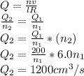 Q=\frac{nv}{lR}\\ \frac{Q_{2}}{n_{2}}= \frac{Q_{1}}{n_{1}}\\ Q_{2}=\frac{Q_{1}}{n_{1}}*(n_{2})\\Q_{2}=\frac{200}{n_{1}}*6.0n_{1}\\ Q_{2}=1200cm^{3}/s