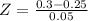 Z = \frac{0.3 - 0.25}{0.05}