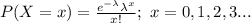 P(X=x)=\frac{e^{-\lambda}\lambda^{x}}{x!};\ x=0, 1, 2, 3...