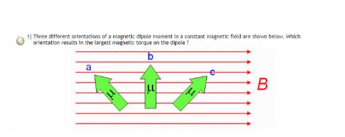 Three different orientations of a magnetic dipole moment in a constant magnetic field are shown belo