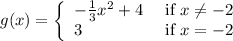 g(x)=\left\{\begin{array}{ll}-\frac{1}{3} x^{2}+4 & \text { if } x \neq-2 \\3 & \text { if } x=-2\end{array}\right.