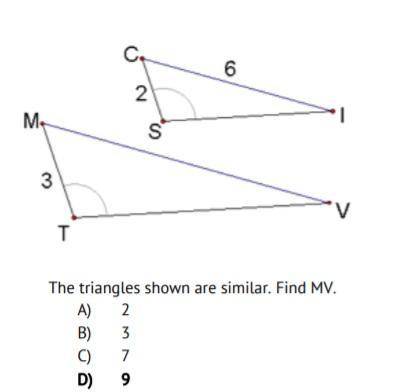 The triangles shown are similar. Find MV.
