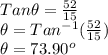 Tan\theta=\frac{52}{15}\\\theta=Tan^{-1}(\frac{52}{15})\\\theta=73.90^o