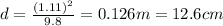 d=\frac{(1.11)^2}{9.8}=0.126 m = 12.6 cm