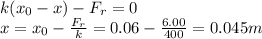 k(x_0-x)-F_r=0\\x=x_0-\frac{F_r}{k}=0.06-\frac{6.00}{400}=0.045 m