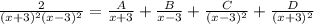 \frac{2}{(x+3)^2(x-3)^2}=\frac{A}{x+3}+\frac{B}{x-3}+\frac{C}{(x-3)^2}+\frac{D}{(x+3)^2}