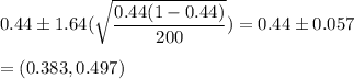 0.44\pm 1.64(\sqrt{\dfrac{0.44(1-0.44)}{200}}) = 0.44\pm 0.057\\\\=(0.383,0.497)