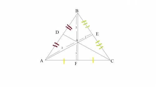 Triangle A B C has centroid G. Lines are drawn from each point through the centroid to the midpoint