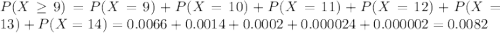 P(X \geq 9) = P(X = 9) + P(X = 10) + P(X = 11) + P(X = 12) + P(X = 13) + P(X = 14) = 0.0066 + 0.0014 + 0.0002 + 0.000024 + 0.000002 = 0.0082