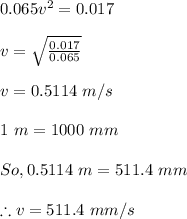 0.065v^2=0.017\\\\v=\sqrt{\frac{0.017}{0.065}}\\\\v=0.5114\ m/s\\\\1\ m=1000\ mm\\\\So,0.5114\ m=511.4\ mm\\\\\therefore v=511.4\ mm/s