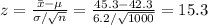 z=\frac{\bar x-\mu}{\sigma/\sqrt{n}}=\frac{45.3-42.3}{6.2/\sqrt{1000}}=15.3