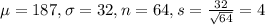 \mu = 187, \sigma = 32, n = 64, s = \frac{32}{\sqrt{64}} = 4